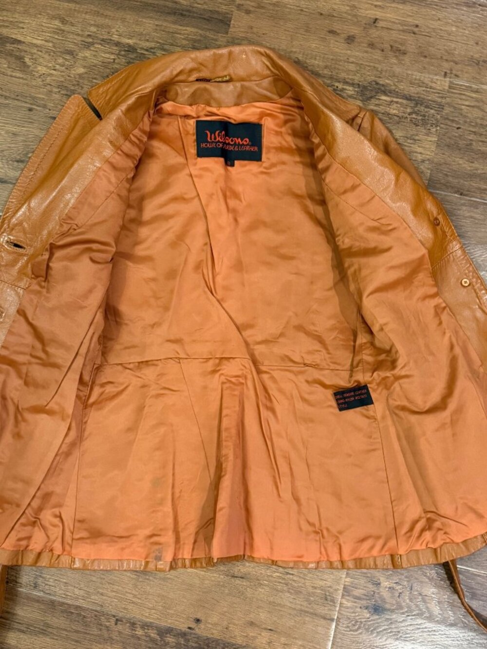 Vtg Wilsons Leather Belted Jacket Camel Brown Sz 8 - Picture 6 of 12
